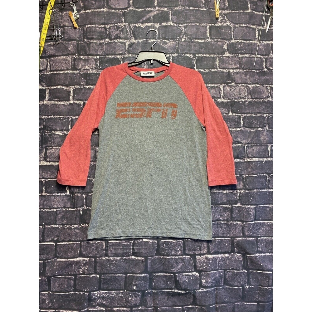 ESPN Tee Shirt Mens Medium Gray‎ Red Logo 3/4 Sleeve 90s ESPN Tag Crew VTG